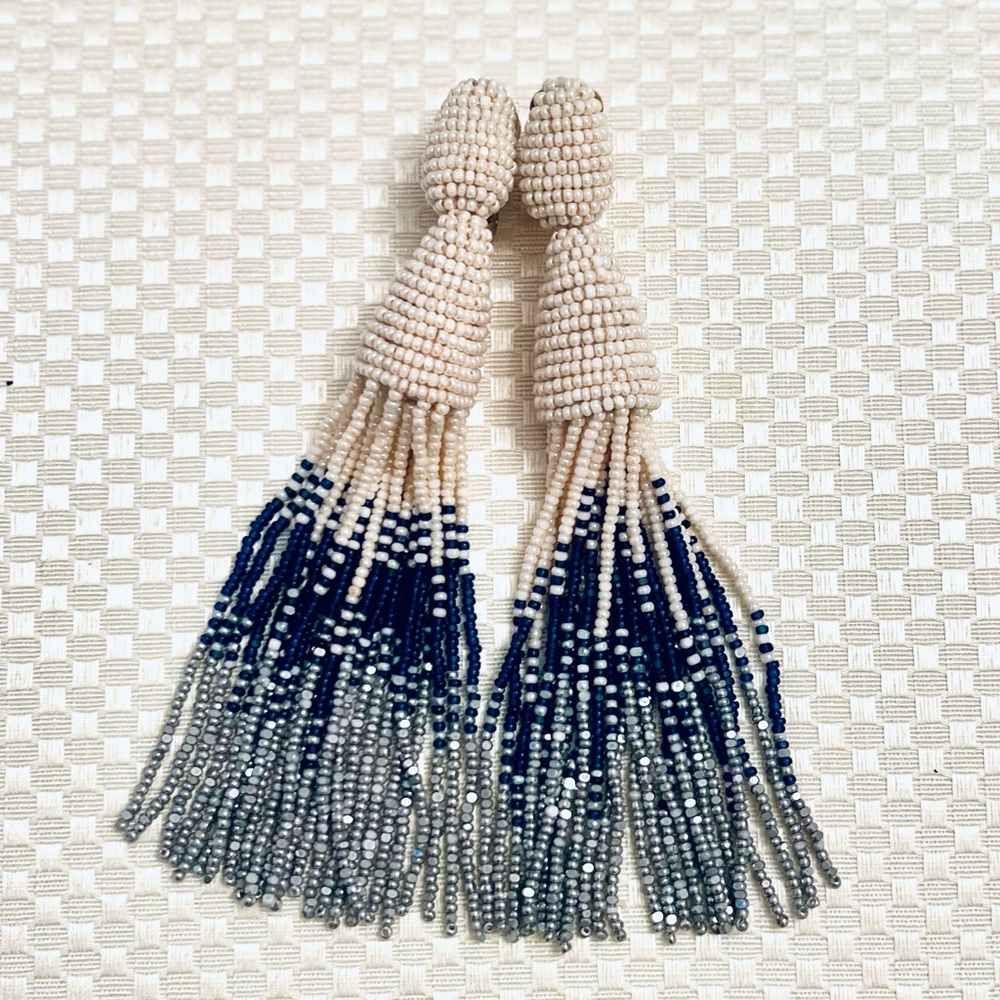 Oscar de la Renta Classic Long Tassel Clip-On Earrings - Cream/Navy/Silver - Picture 3 of 7